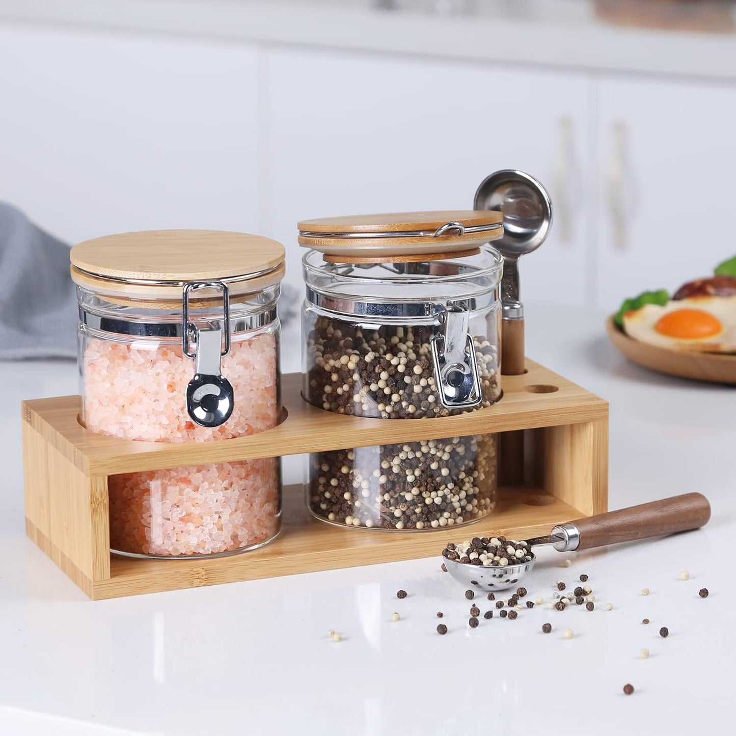 KKC HOME ACCENTS Sealed Glass Storage Jars with Scoops for Brown Sugar,Sea Salt,Flour,Ground Coffee,Beans,Loose Tea,Matcha,Glass Containers with Sealed Hinged Lids for Kitchen Counter,27 Fluid-oz