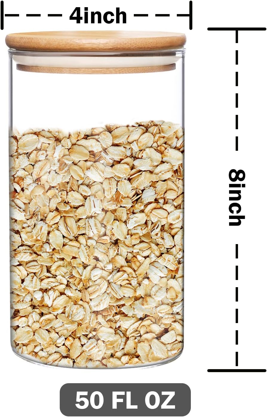 umieo Large Glass Flour and Sugar Containers 50oz Set of 2, Glass Jar with Airtight Lids, Clear Storage Containers with Bamboo Lids for Rice, Oat, Nuts, Candy, Cereal, Coffee, Beans