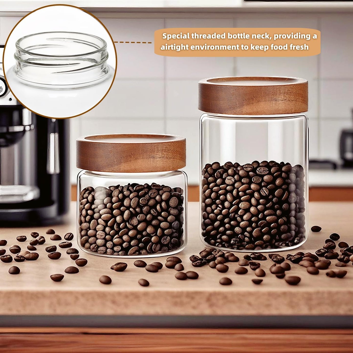 28 Fl oz/850 ml Glass Food Storage Jar, Premium Clear Glass Container Jar with Airtight Wooden Screw Lid, Kitchen Canisters for Coffee,Tea,Pasta,Cookies, Nuts,Spice,Candy,Overnight Oatmeal（Medium）