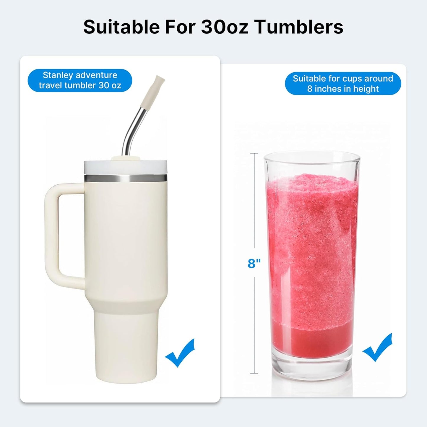 Repeatable Metal Straw with Silicone Tips for 30 oz Stanley Tumbler, 2 Pcs 30 oz Stainless Steel Straws Replacement for Stanley Tumbler, 1 Straw Brush, BPA Free（Cream Grey）