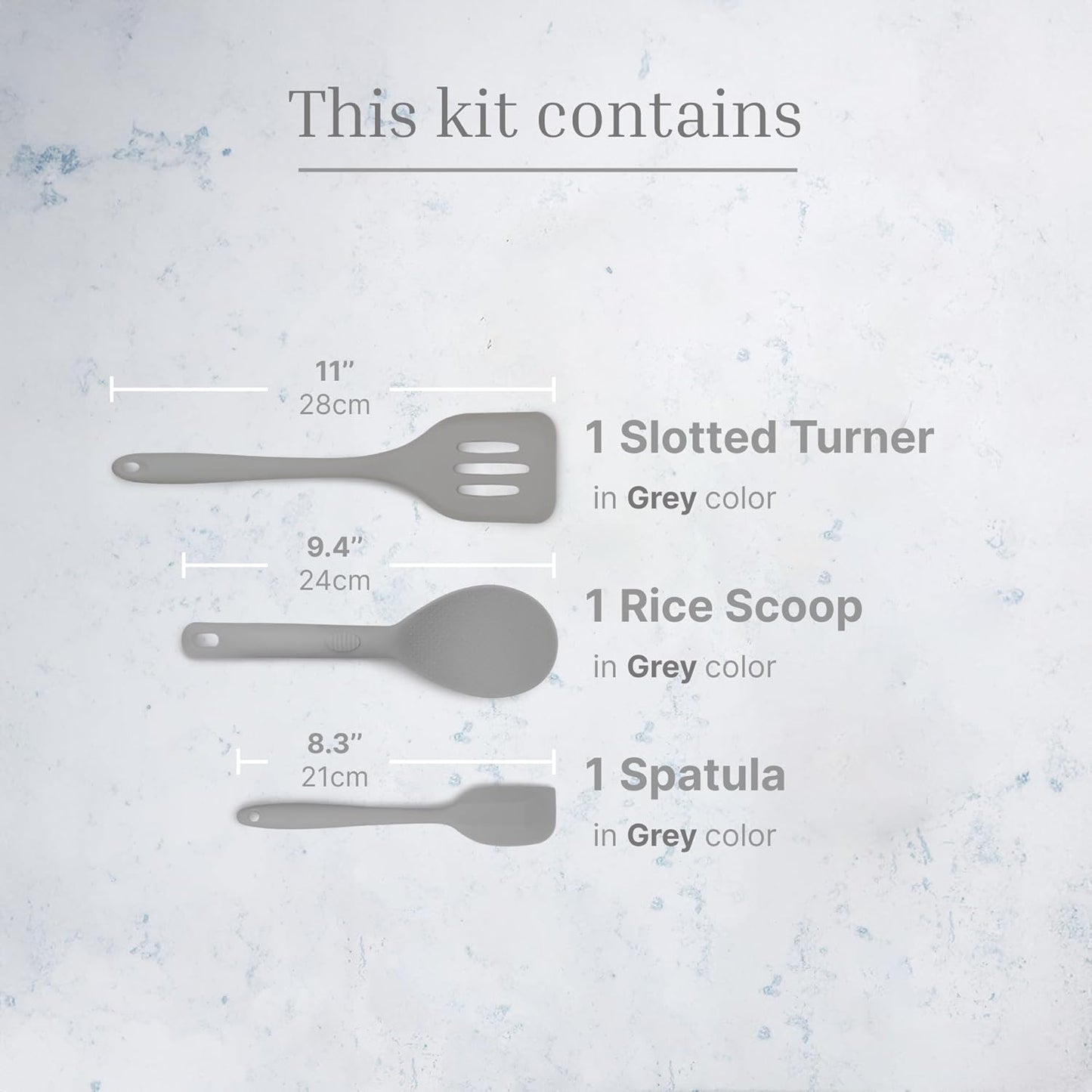 Silicone Utensils 3-Piece Set – Rubber Spatula, Slotted Turner, and Rice Paddle – Complete Heat-Resistant Set for Non-Stick Cookware – Kitchen Tools and Accessories for Cooking & Baking – Grey