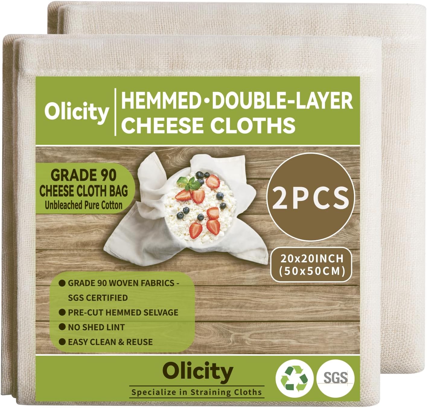 Olicity Cheese Cloths, 2PCS, Double-Layer, 20x20Inch, Reusable Grade 90 Cheese Cloth Bag for Straining, Hemmed Unbleached Cotton Precut Fine Mesh Muslin Cheesecloth for Juicing, Butter, Canning