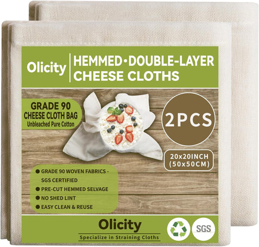 Olicity Cheese Cloths, 2PCS, Double-Layer, 20x20Inch, Reusable Grade 90 Cheese Cloth Bag for Straining, Hemmed Unbleached Cotton Precut Fine Mesh Muslin Cheesecloth for Juicing, Butter, Canning
