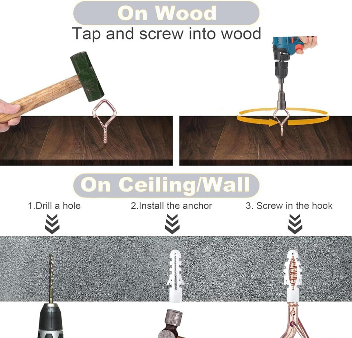 20PCS Eye Screw Hooks for Hanging Heavy Duty with Safety Buckle.Metal Ceiling Hooks for Hanging Plants,Cup,Wind Chime,Bird Feeders,String Lights at Indoor&Outdoor,2.36 Inch(No Drill Bit)