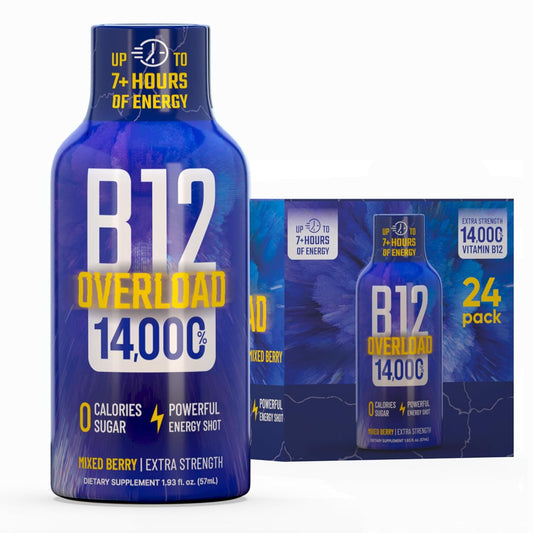 B12 Overload Extra Strength Energy Shot – Mixed Berry – 260mg Caffeine, 14000% B12, Electrolytes – Energy & Vitality Support – Zero Sugar No Calories – Vegan, Kosher, Gluten-Free – 1.93 fl oz, 24-Pack