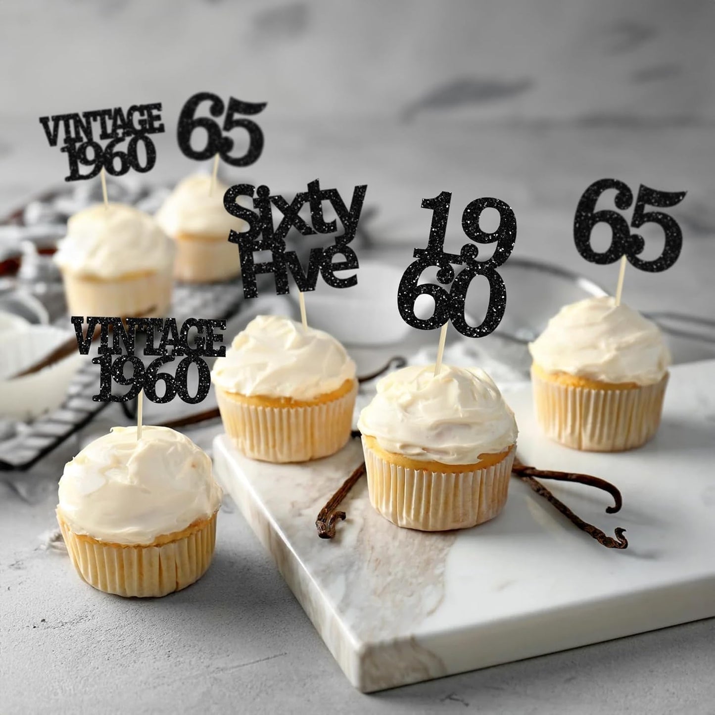Gyufise 24Pcs Vintage 1960 Cupcake Toppers Glitter Cheers to 65 Fabulous Sixty Five Cupcake Picks 65th Birthday Wedding Anniversary Party Cake Decorations Supplies Black