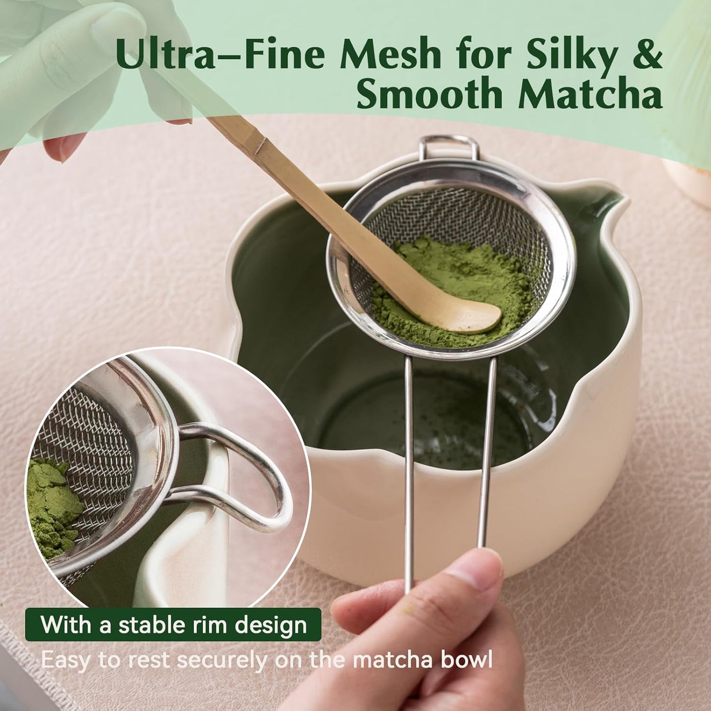 Matcha Set, 8Pcs Floral Ceramic Matcha Set with Matcha Whisk, Holder, Scoop, Scoop Rest, Sifter, Spoon and Tea Towel - Thoughtful Matcha Whisk Set Gift for Matcha Lovers (Beige & Green)