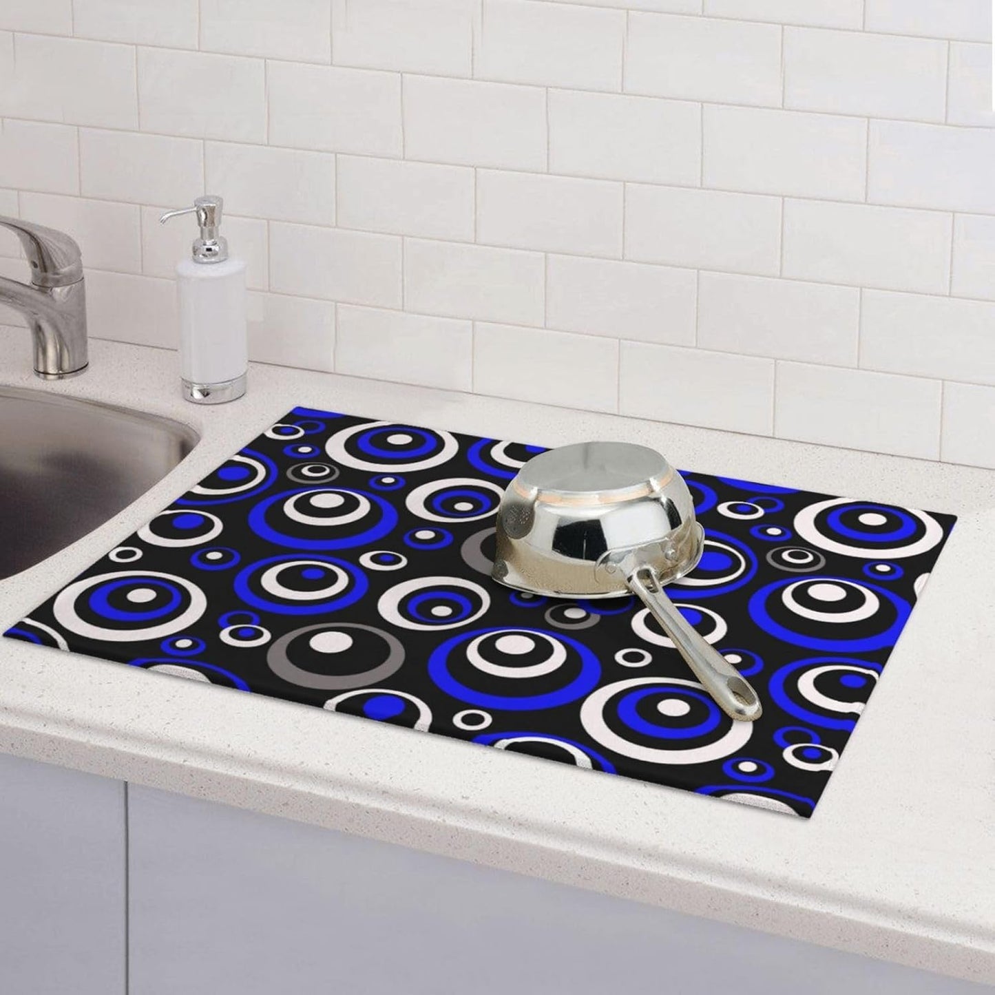 Blue Black White Geometric Circle Dish Drying Mat for Kitchen Counter, 18" x 24" Absorbent Microfiber Drying Pad for Dishes, Modern Decor Kitchen Mat, Foldable, for Sink Dining Area Small Appliances