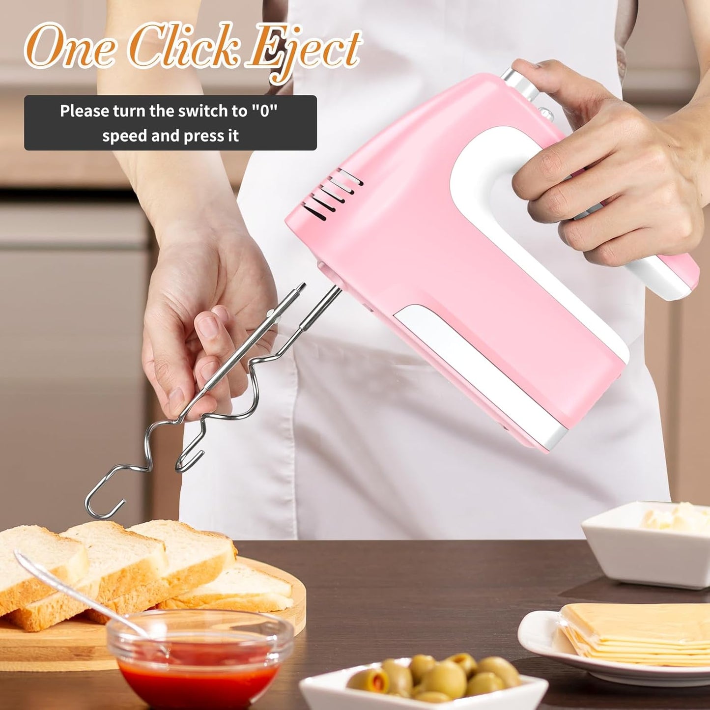 CBQ Hand Mixer Electric, 5-Speed 400W Powerful Motor, Hand Mixer Electric Handheld with Storage Case, Turbo Boost and 5x Accessories, Flat Beaters, Dough Hooks, Whisk (Pink)