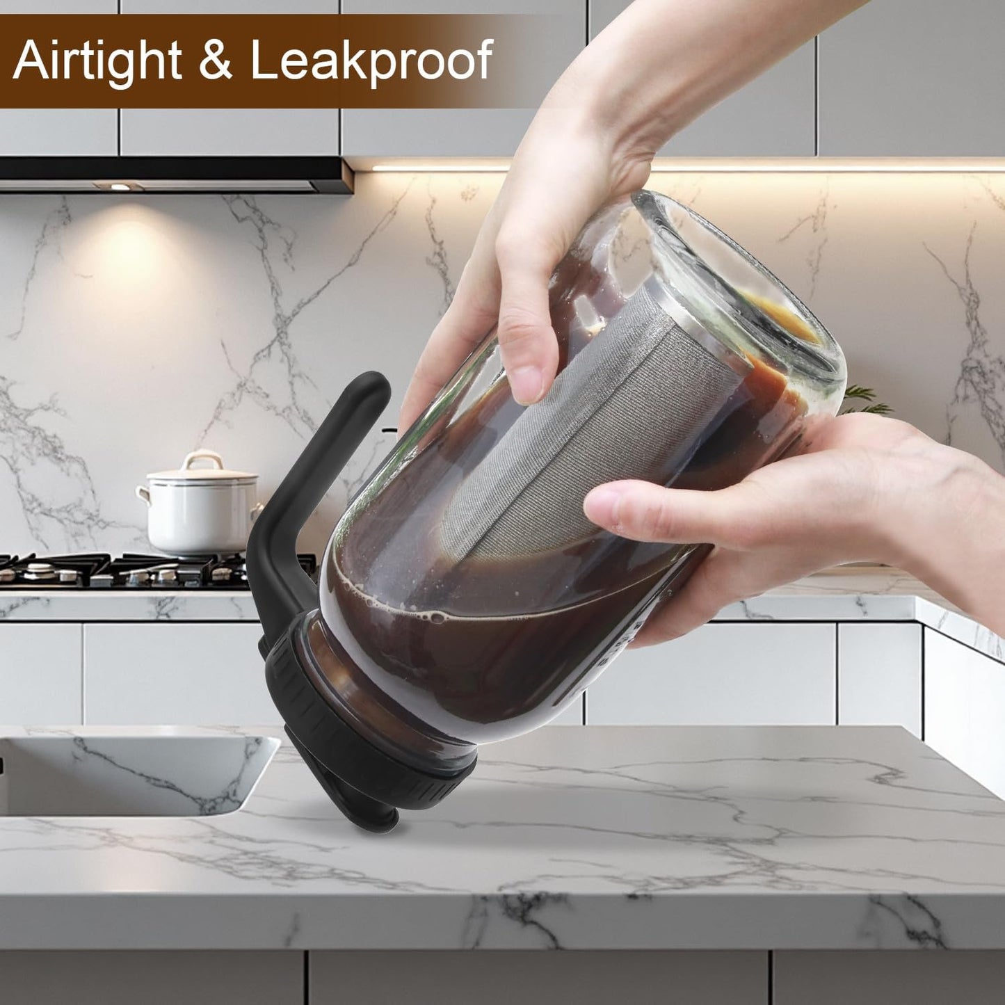 Cold Brew Coffee Maker Pitcher, 64oz Iced Coffee Tea Pitcher for Fridge with Stainless Steel Filter, 1/2 Gallon Glass Mason Jar Cold Brew Maker with Pour Spout Lid, Drying Mat, 2 Brushes, Leak-Proof