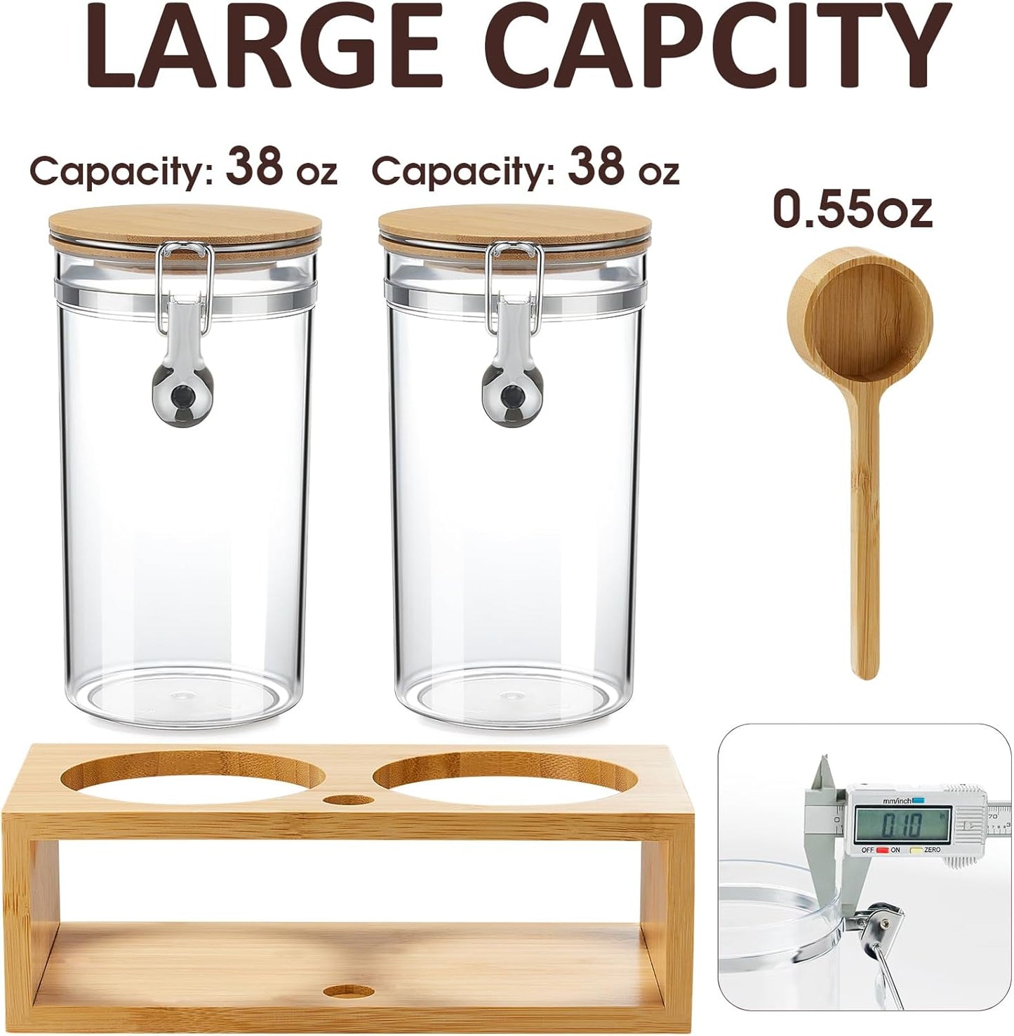 Yangbaga 2Pcs Coffee Sugar Canisters with Shelf, 38OZ Plastics Storage Containers for Ground Coffee Bean Storage with Lid Airtight Locking Clamp and Coffee Scoop, Food Storage Jar for Kitchen