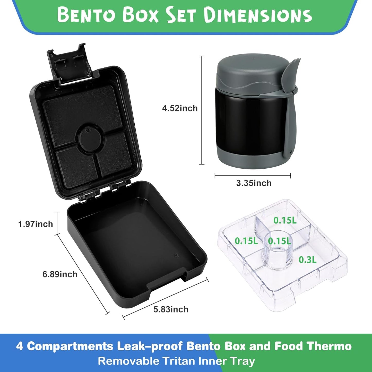 Bento Lunch Box Set With 10oz Soup Thermo, Leak-proof Lunch Containers with 4 Compartment, Kids Hot Thermo Food Jar/Insulation Lunch Bag, Food Containers for School (Black)