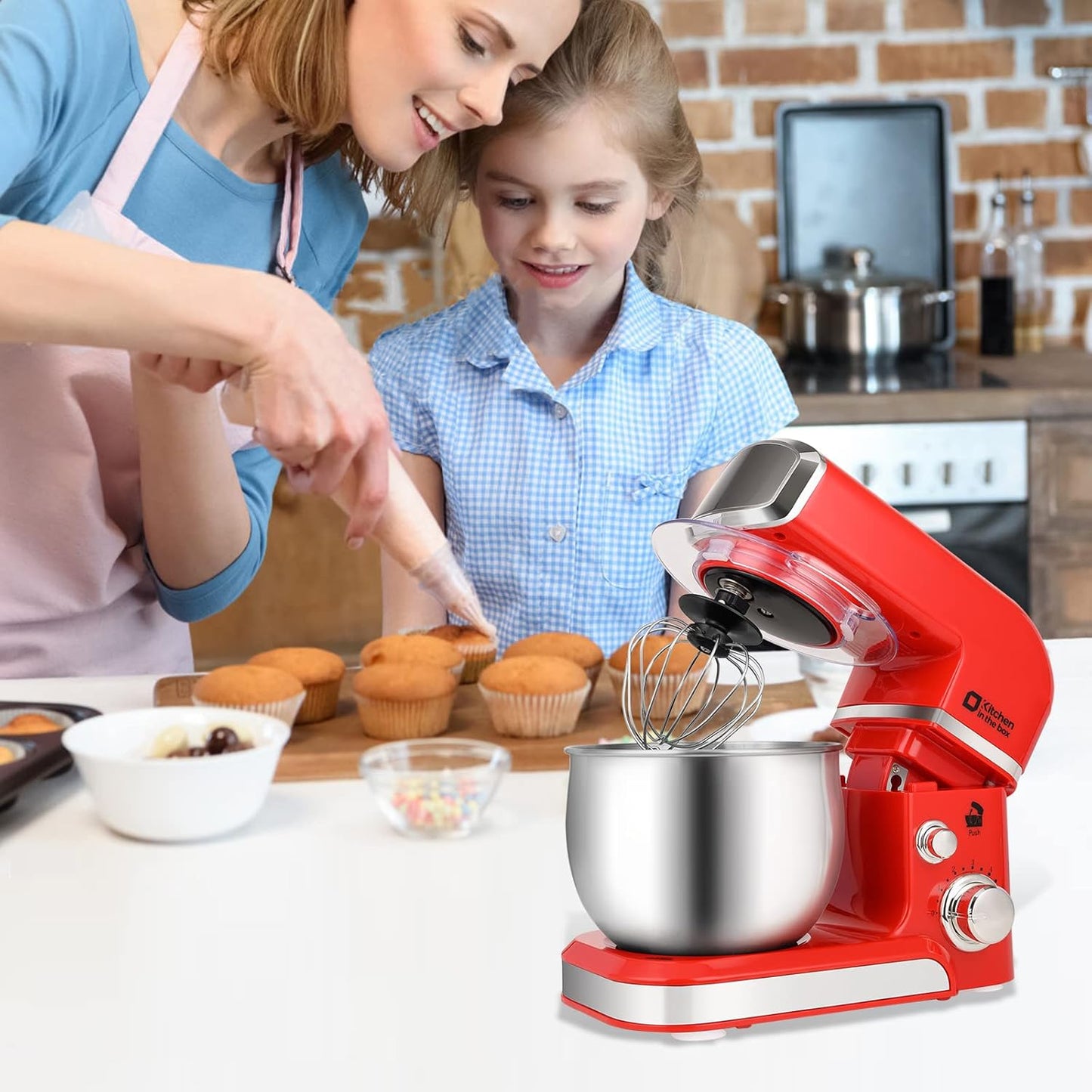 Stand Mixer, Kitchen in the box 3.2Qt Small Electric Food Mixer,6 Speeds Portable Lightweight Kitchen Mixer for Daily Use with Egg Whisk,Dough Hook,Flat Beater (Red)