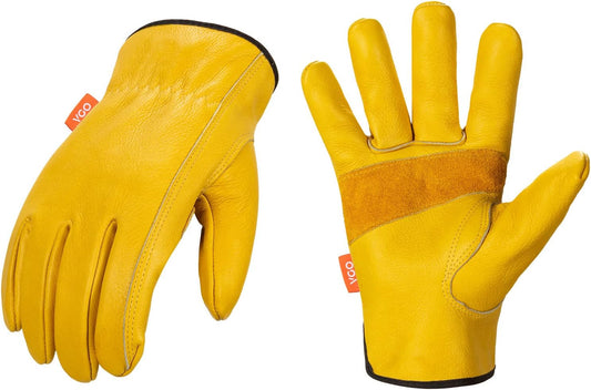 Vgo... 1-Pair Unlined Cow Grain Leather Work and Driver Gloves with Cow Split Leather Palm Patch (Size L, Gold,CA9590)