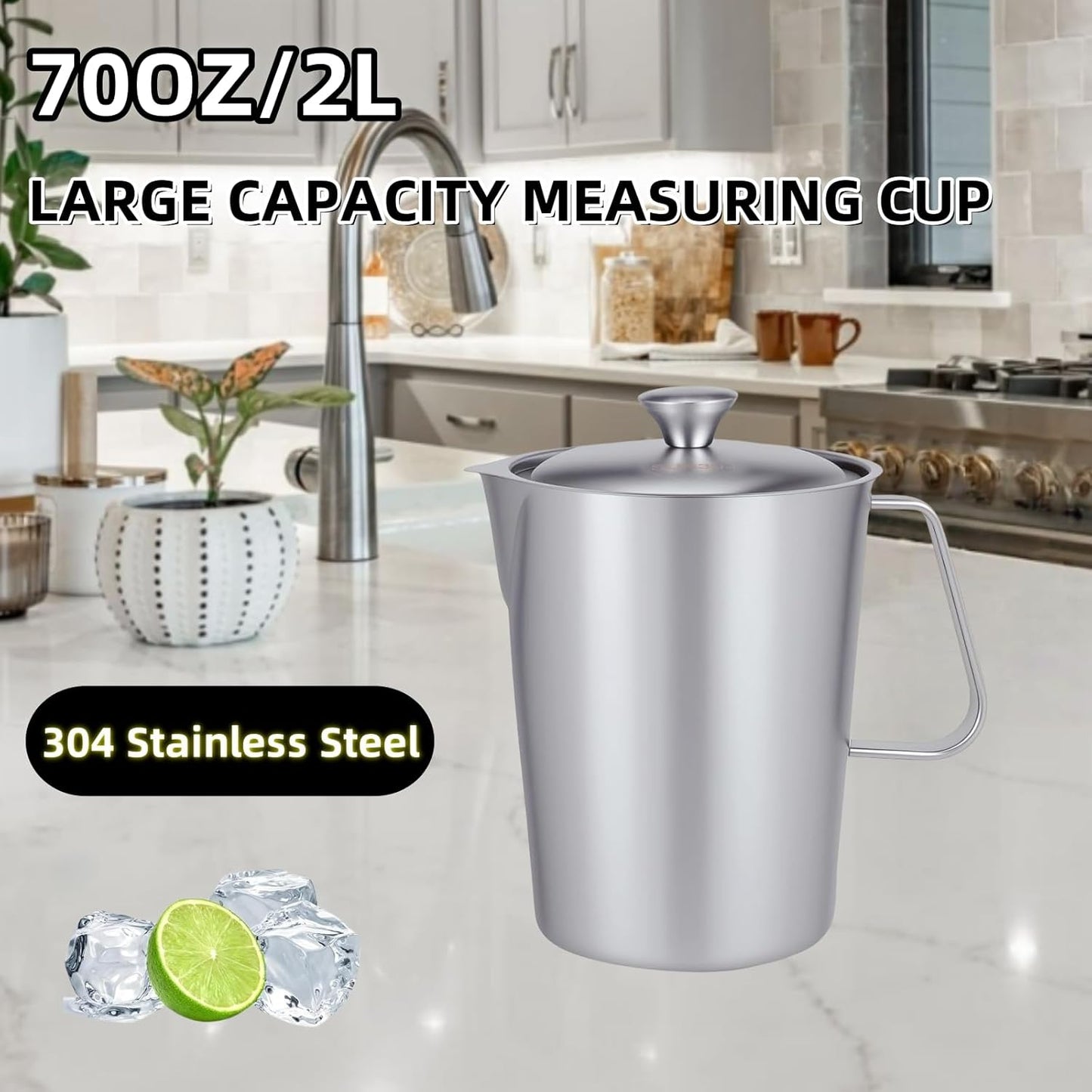 70 oz Stainless Steel Pitcher with Lid and Handle – Large Metal Measuring Cup with Markings, 2 Liter Water Jug for Frothing Milk, Latte Art, Coffee, Iced Tea, Espresso, Hot or Cold Liquids