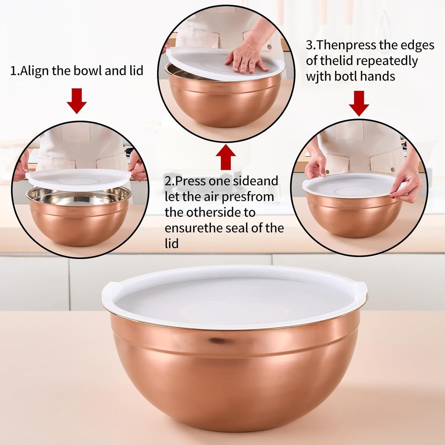 Rose Gold Mixing Bowls with Lids Set of 7, Stainless Steel Nesting Bowl with Khaki Lid for Non-slip Mixing Prepping Storing Serving, 7 Sizes-7/3.6/2.7/2.1/1.5/1/0.8 QT