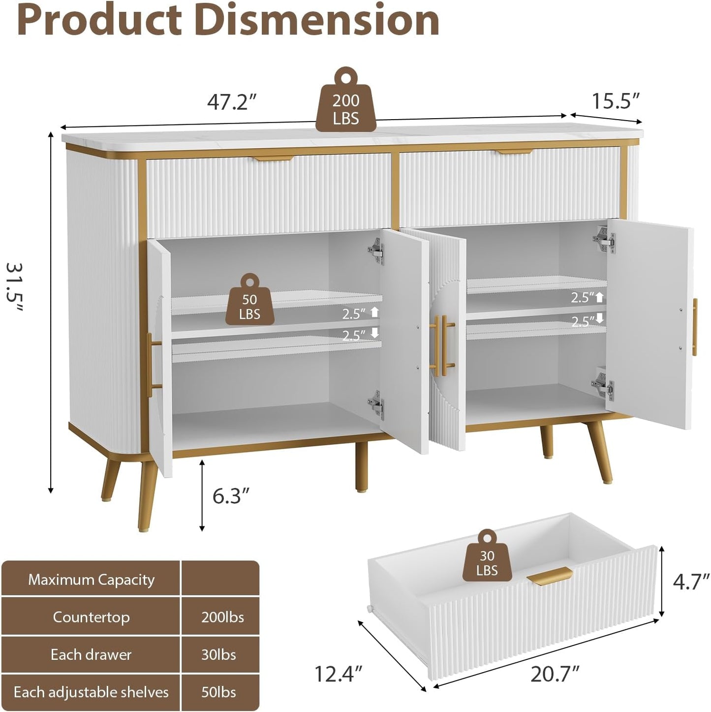 47.2" Buffet Storage Cabinet, Modern Fluted Coffee Bar Station with 2 Drawers & Adjustable Shelves, Kitchen Sideboard Buffet for Dining Room, Living Room, Hallway, White