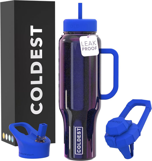 Coldest 40 oz Tumbler with Handle and Straw, 100% Leak Proof Insulated Tumbler with Lid and Straw (3 Lids), Stainless Steel Tumblers for Women & Men, Cup Holder Friendly, 46 oz (Enchanted Blue)