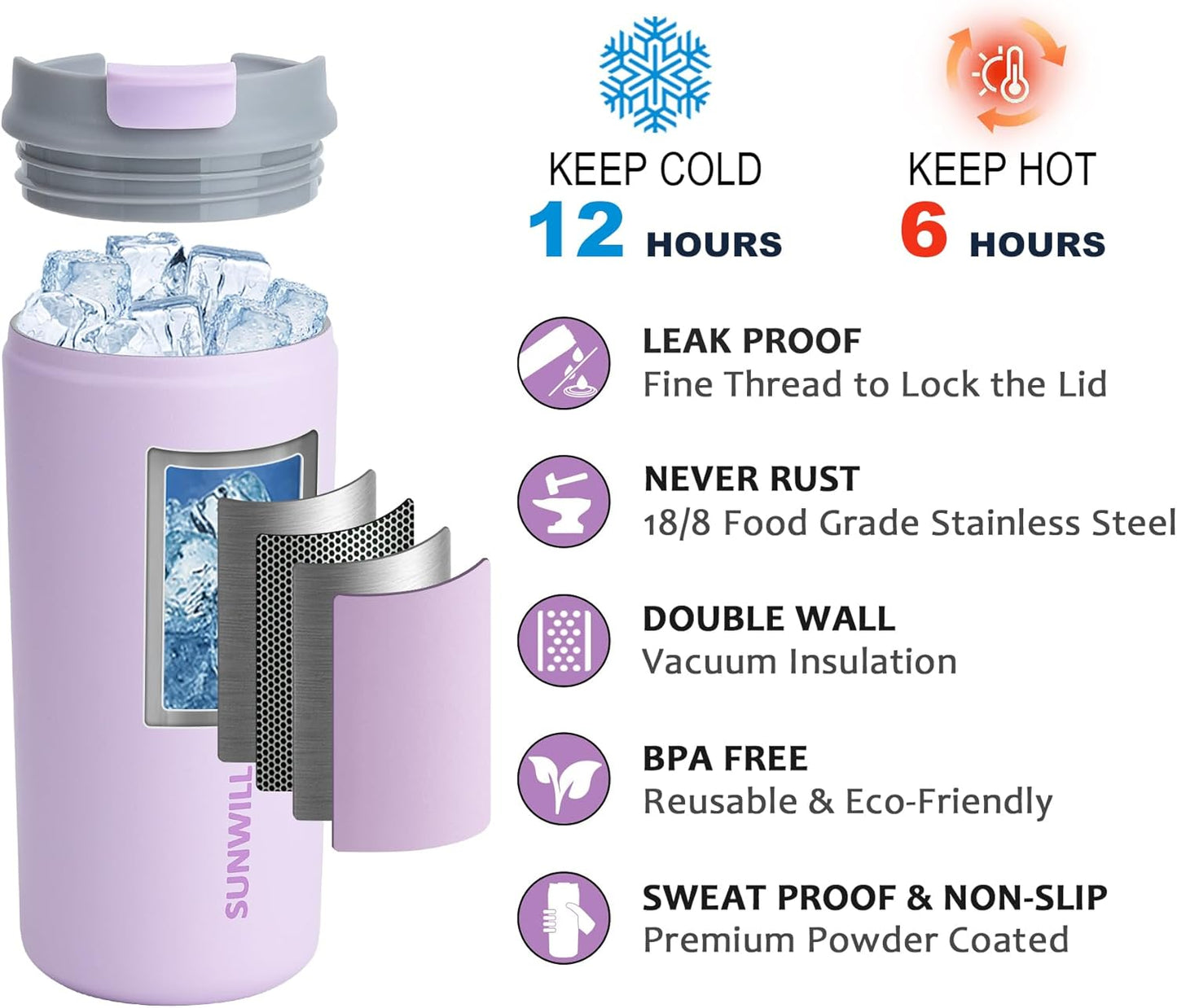 SUNWILL Travel Coffee Tumbler, Insulated Mug with Lid, Leak Proof Stainless Steel Cup 12 oz for Water, Tea, Ice, Powder Coated Lavender