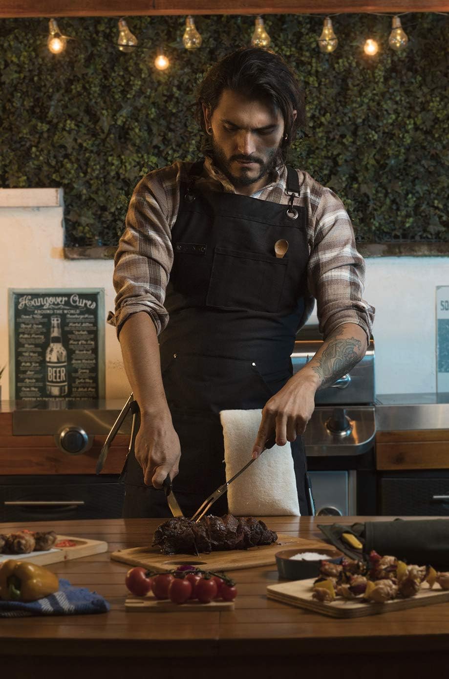 Asaya Chef and BBQ Apron with Bottle Opener and Hand Towel - 10oz Cotton Canvas, Stainless Steel Hardware - Cross Back Straps