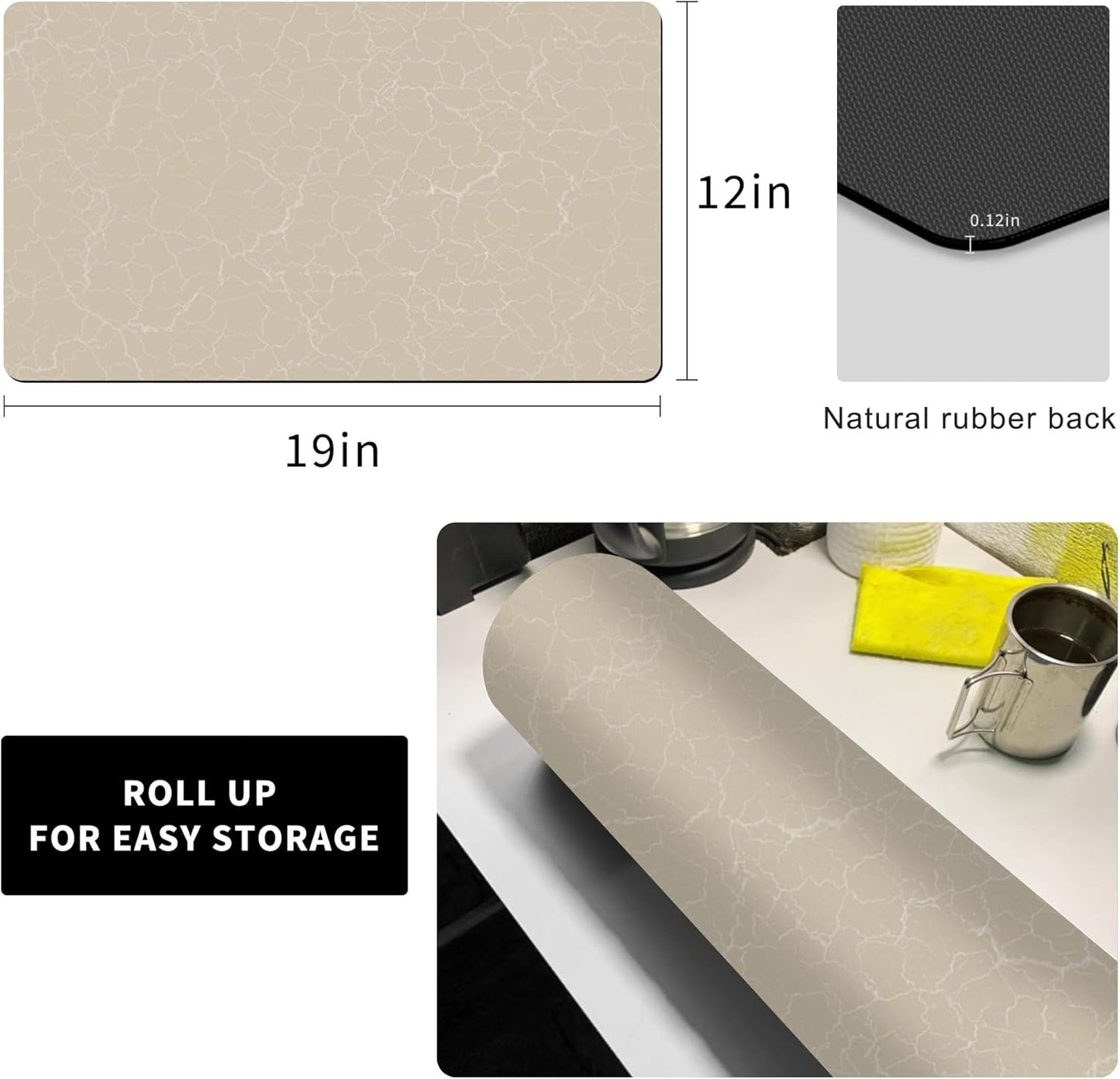 Coffee Maker Mat for Countertop - Coffee Bar Accessories Fit Under Cafe Machine, Rubber Backed Absorbent Pad, Table Mat Under Appliance, Kitchen Counter Dish Drying Mat, 19"x12", Marble Beige