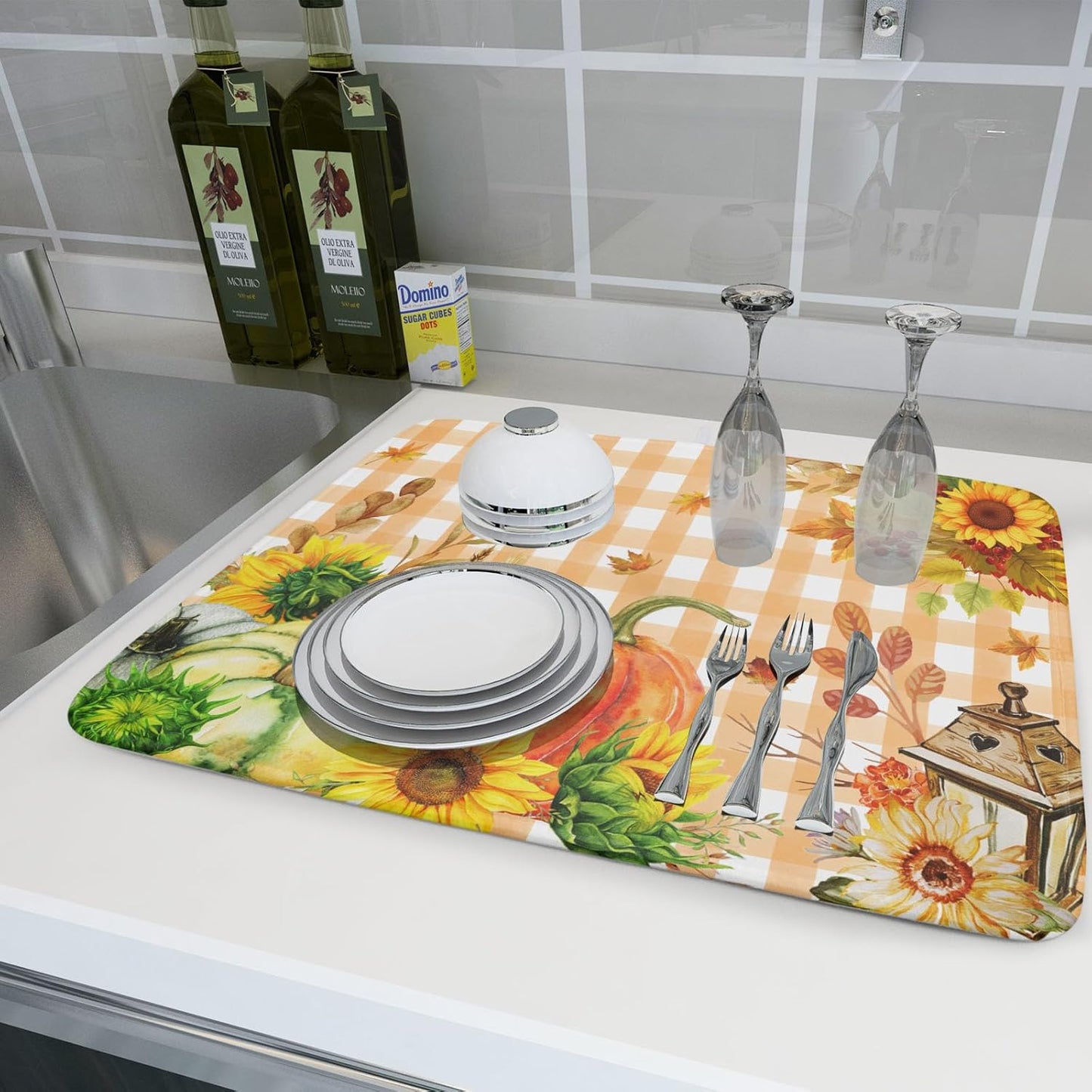Autumn Maple Leaf Orange White Check Plaids Dish Drying Mat for Kitchen Counter,Fall Sunflower Pumpkin Drying Mat 18 x 24 Inch with Absorbent Reversible Microfiber Dish Drying Pad for Coffee Bar