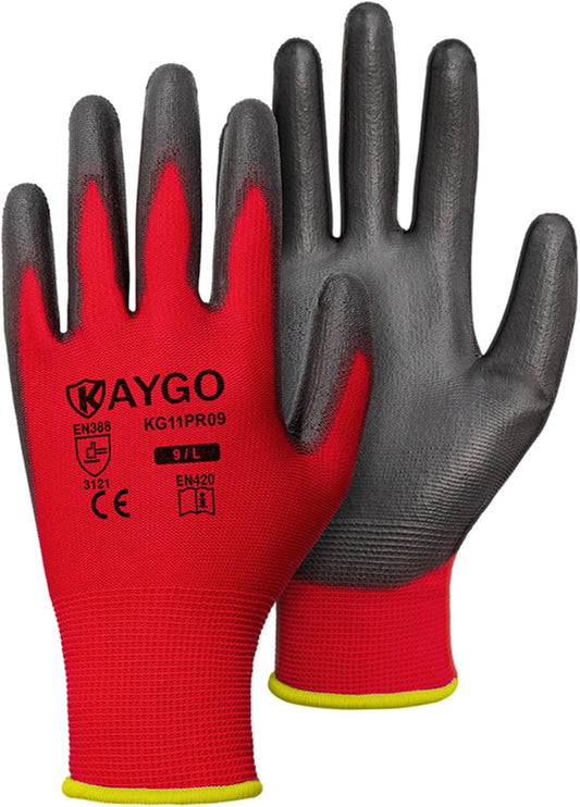 KAYGO Safety Work Gloves PU Coated for men and Women, 60 Pairs KG11P Seamless Knit Glove with Polyurethane Coated Smooth Grip on Palm and Fingers, Ideal for General Duty Work (L, Red)