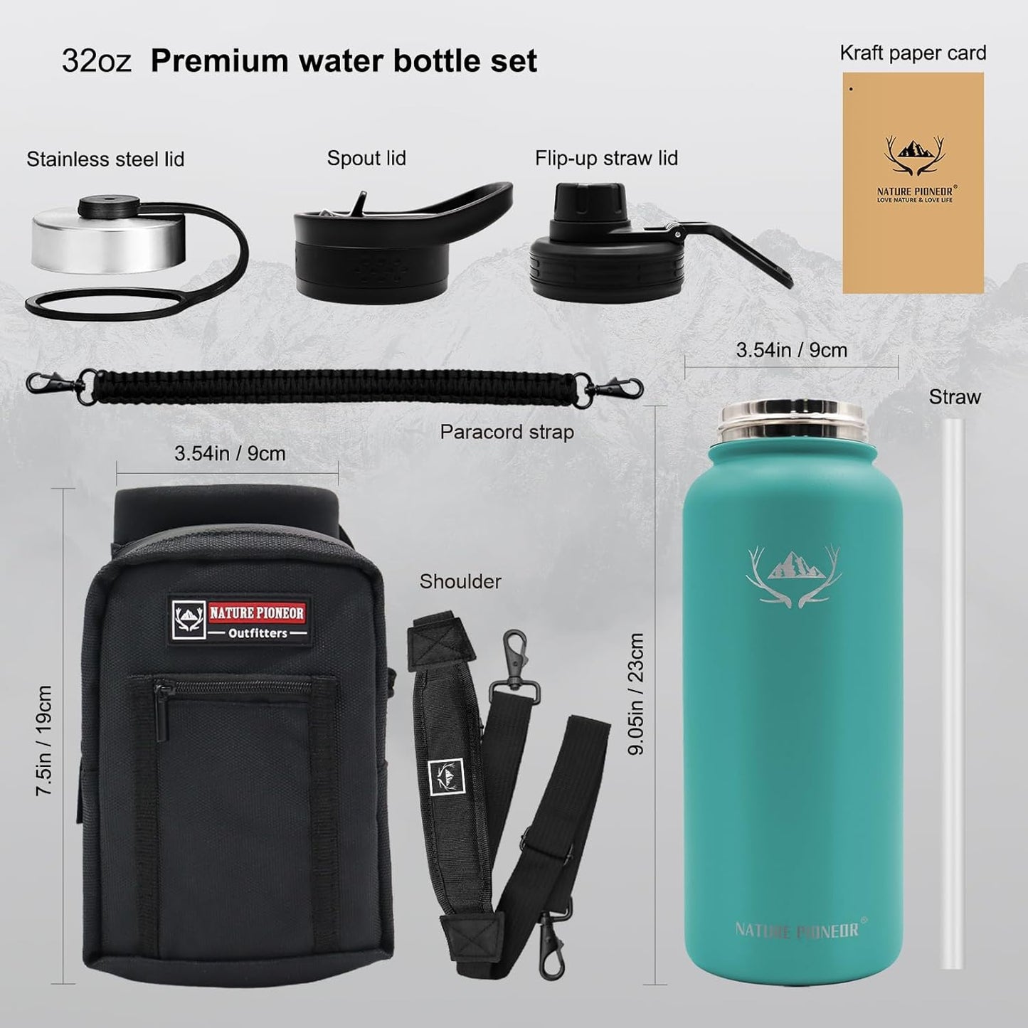 NATURE PIONEOR Insulated Water Bottles with Carrier Holder Sleeve - 32 ounce Stainless Steel Water Bottle with 3 Lids,straw,Keeps Hot and Cold