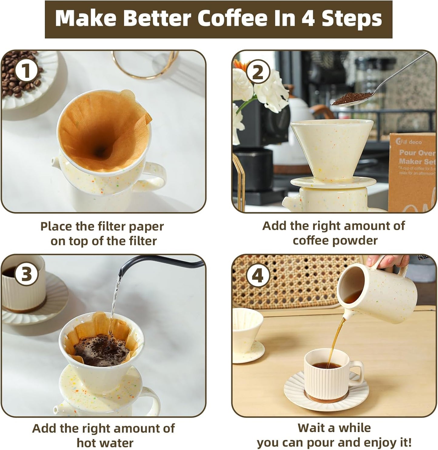 Pour Over Coffee Maker Set,Ceramic Pour Over V60 Coffee Dripper Set with 20 Count Paper Coffee Filters,for Home Café Restaurant Camping,15.8 Ounces(Multi-Color Dot)