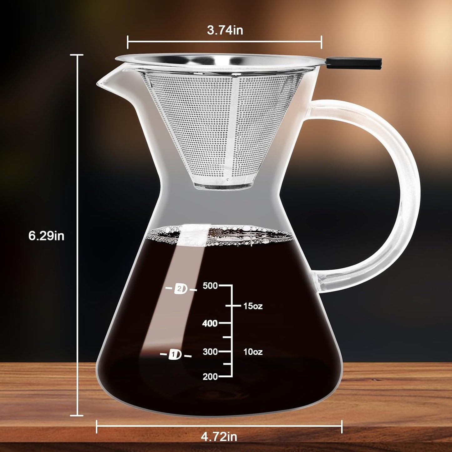 500ML(16.9oz) Glass Pour Over Coffee Maker with Double Stainless Filte - 4 Cup (Approx Refers to 4 oz. Per Cup) Thickened Heat-Resistant Paperless Pour Over Coffee Dripper Perfect Extraction for Home