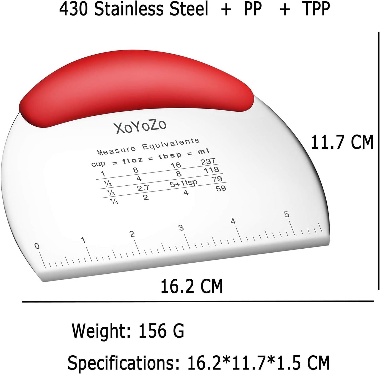 1 pcs Dough Pastry Scraper Chopper/Stainless Steel Dough Scraper Cutter with Ergonomic Rubber Non-Slip Grip/Dough Scraper Cutter/Pro Pastry Pizza Cutter Chopper (Red)