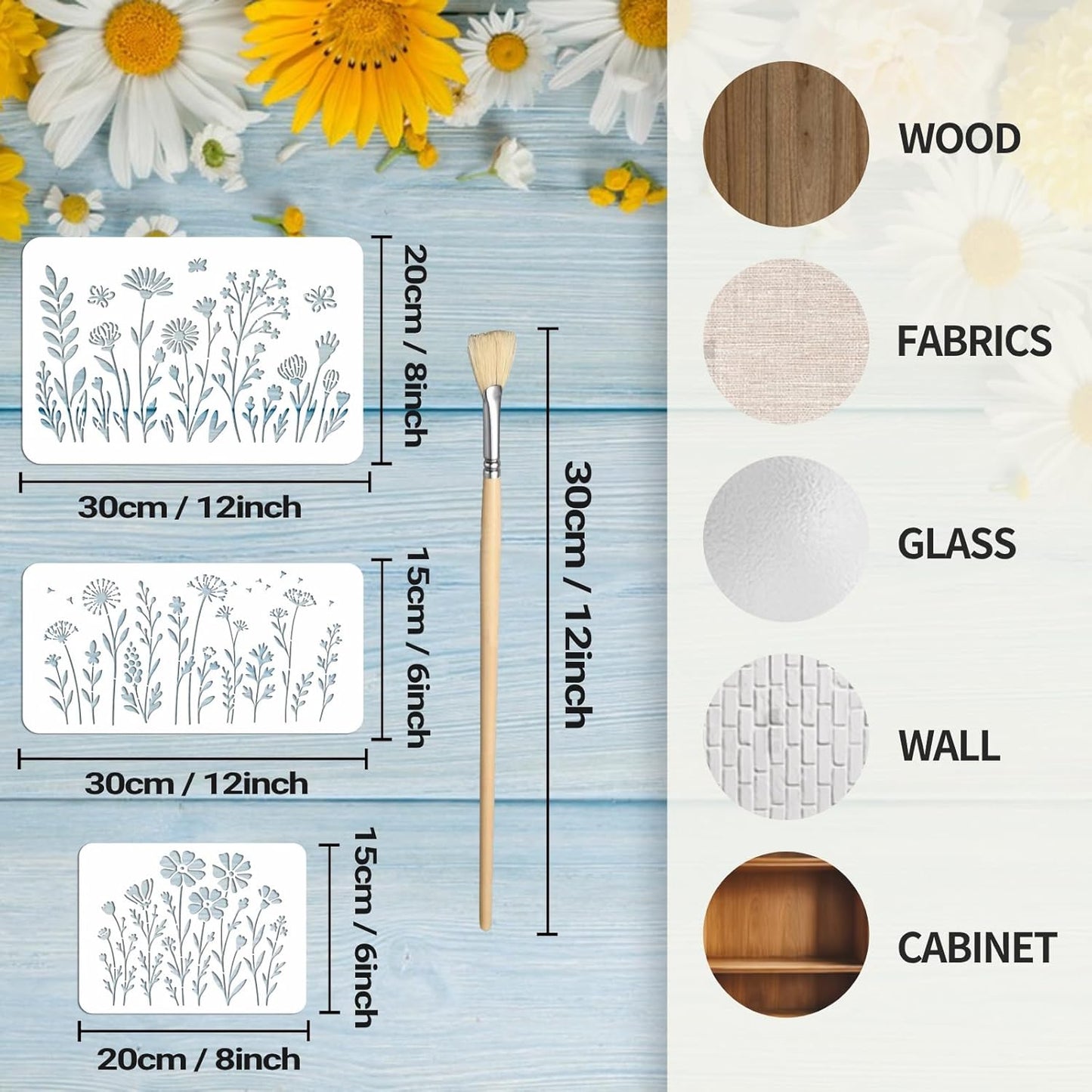 16PCS Large Flower Stencils for Painting Wildflower Stencils with Brushes Floral Spray Paint Stencil Reusable Drawing Template for Walls Garden Fence Furniture Card