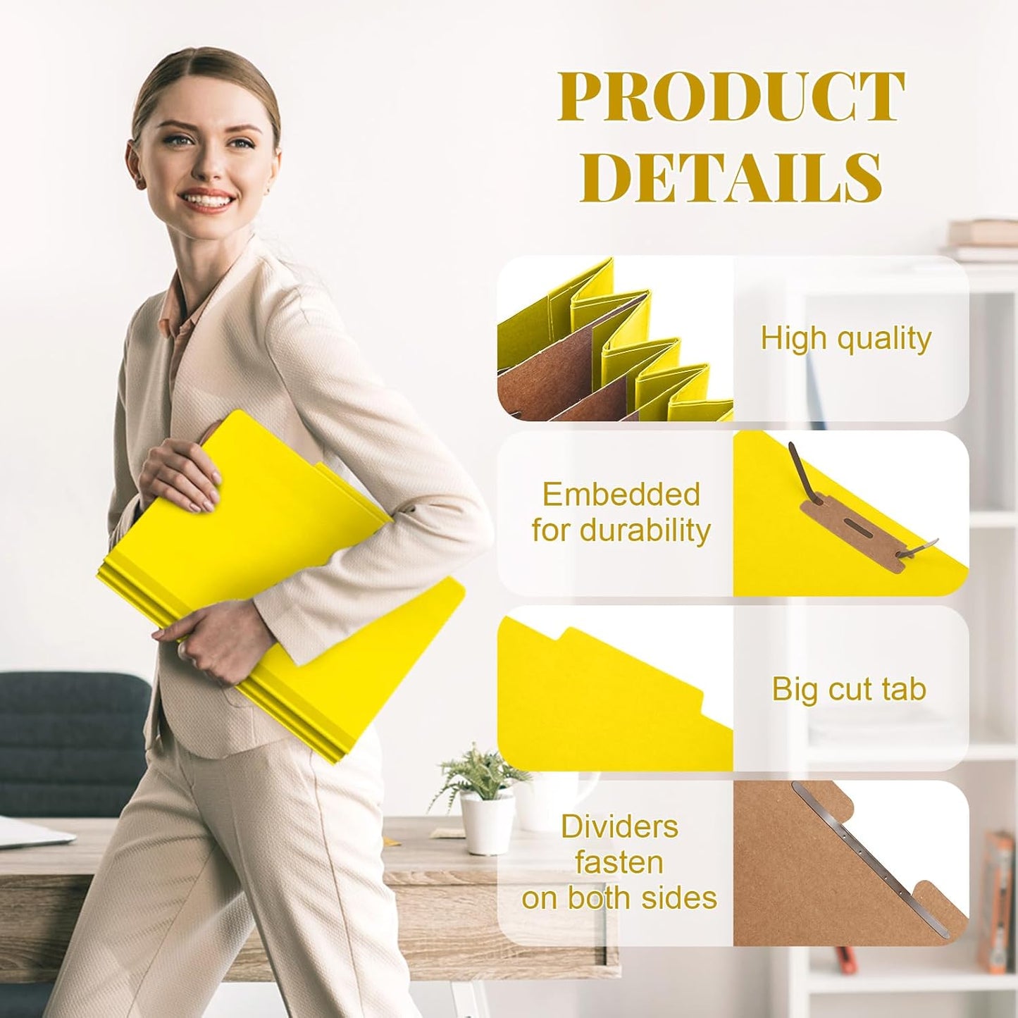 60 Pcs Classification Folders Letter Size, Back to School Supply for Teacher, Student, 3 Dividers Pressboard File Folder Bulk with 2 Fasteners, 3.5 Inch Expanding File Organizer (Yellow)