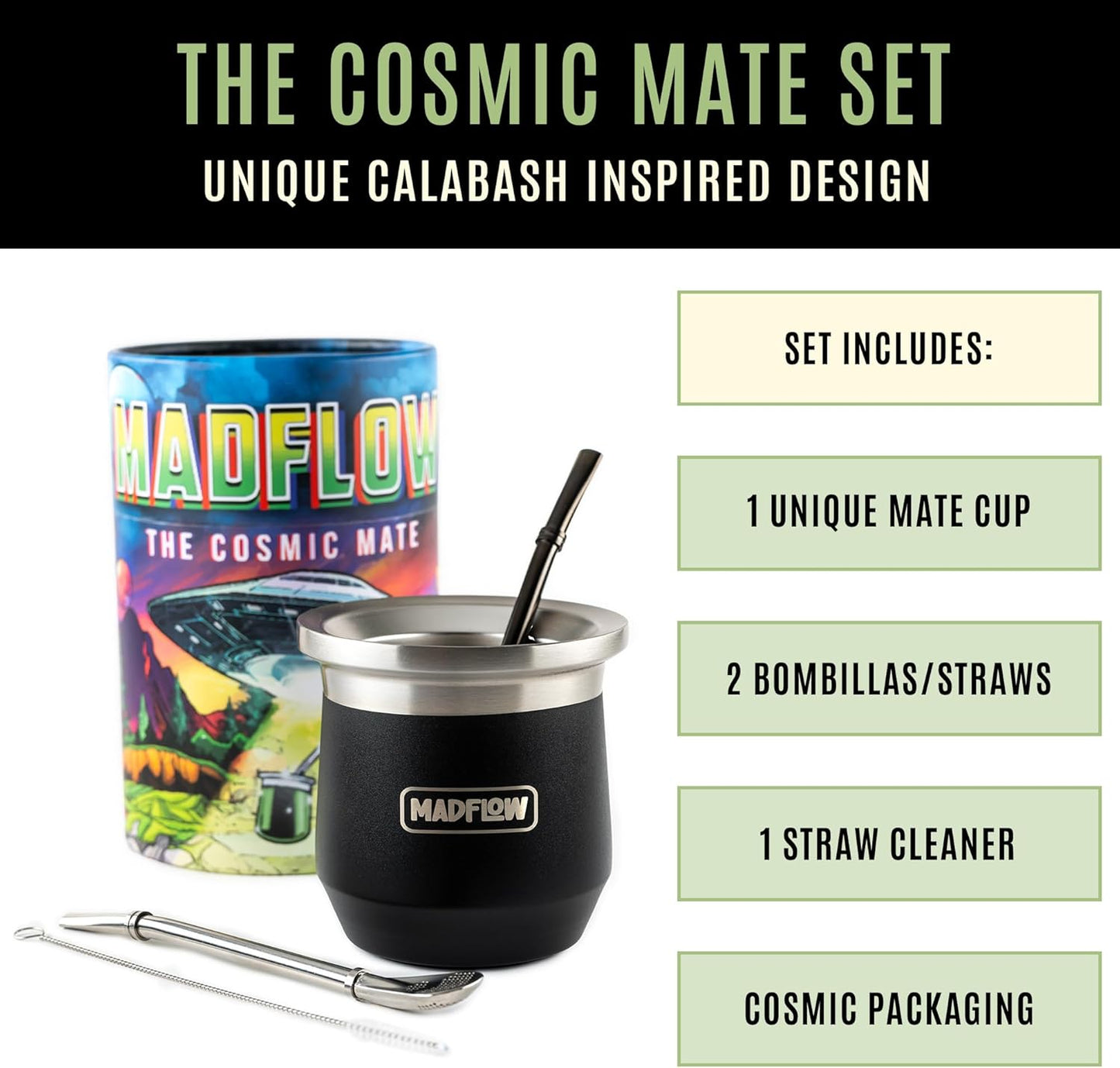 MADFLOW Yerba Mate Cup. Stainless Steel Mate Cup with 2 Bombillas. Double Wall Vacuum Insulated Yerba Mate Gourd. Unique Mate Cup And Bombilla Set