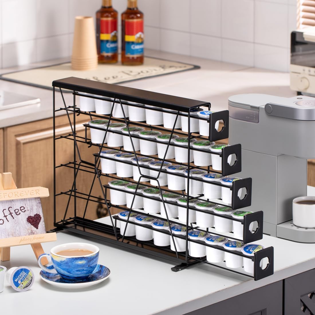 FlagShip 5-Tier Corner Coffee Pod Organizer for K Cup - 40 Capsules Metal Storage, Space-Saving Kitchen Countertop Rack Wall Mountable