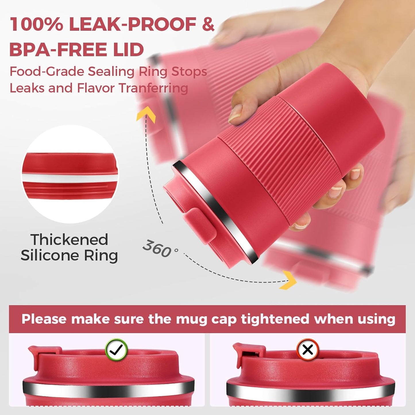 Volhoply 13 oz Stainless Steel Insulated Travel Coffee Mug with Fip Lid,Reusable Double Wall Vacuum Metal Coffee Cup,Portable to Go Leak Proof Cafe Thermal Tumbler for Hot & Cold Drinks(Red,1)