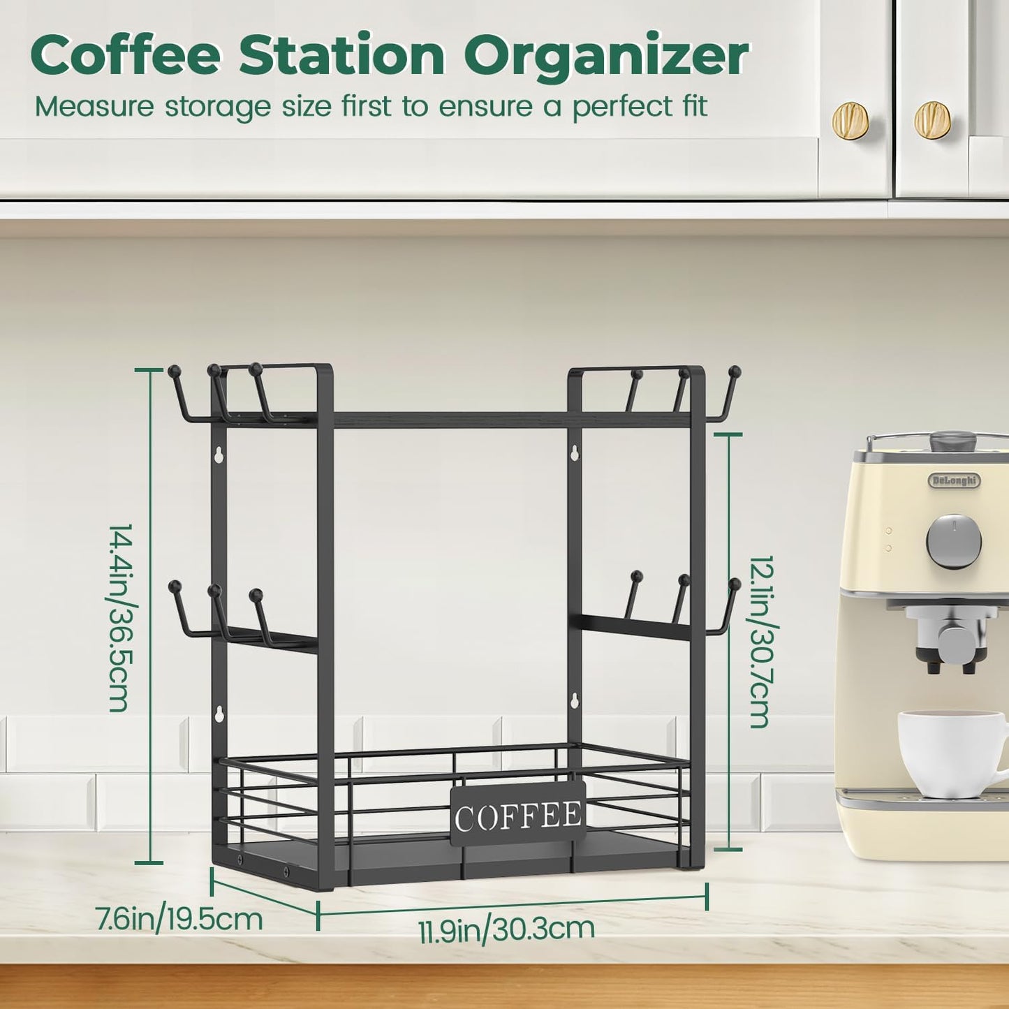 EsLuker.ly Coffee Mug Cup Holder Stand Bar Station Organizer for Countertop, Multi-Functional 2 Tier Mug Tree Rack for Kitchen, Storage Shelf with 12 Hooks, Black(Patented Design)