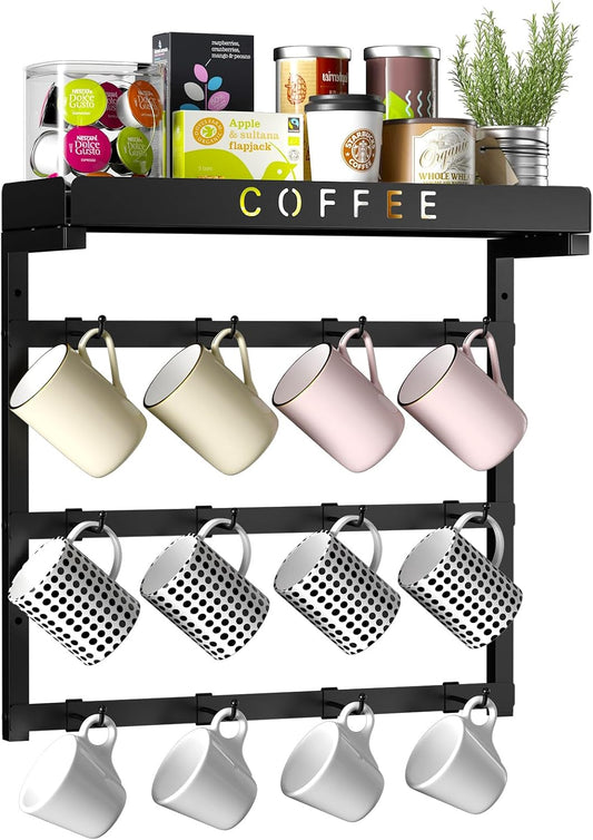 RCHYFEED Coffee Mug Holder Wall Mounted, Mug Rack Organizer for Home Kitchen Display and Collection, Metal Cup Holder Mug Tree with Adjustable 12 Hooks and Storage Shelf for Coffee Pods Sugar Bags