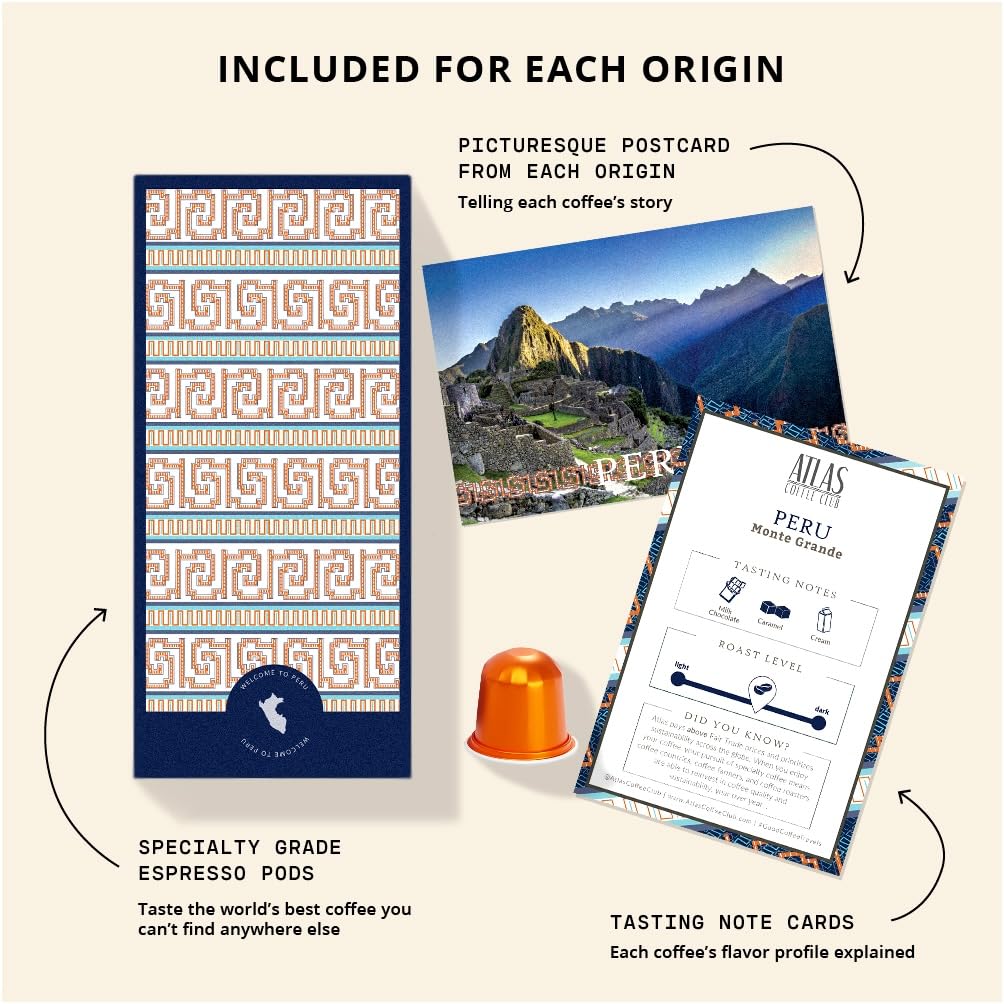 Atlas Coffee Club Espresso Pods Compatible with Nespresso Original– All Roast Variety Pack (40 Count)– Aluminum Capsules from El Salvador, Nicaragua, Peru & Uganda– Intensity 8-12