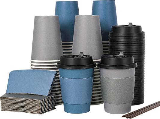 LITOPAK 100 Pack 12 oz Disposable Paper Coffee Cups with Lids, Sleeves and Stirring Sticks for Hot Coffee, Water or Juice, Blue and Gray Hot Paper Cups for Cafes, schools, offices, shops