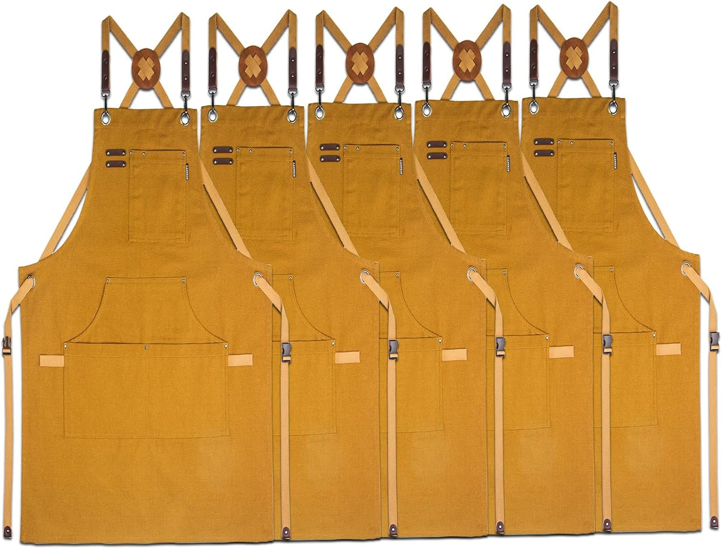 5 Pack Kitchen Aprons, Work Apron, Canvas, Multiple Pockets, Gardening, Painting, BBQ, Artist, Carpenter, Sizes M to XXL, Khaki