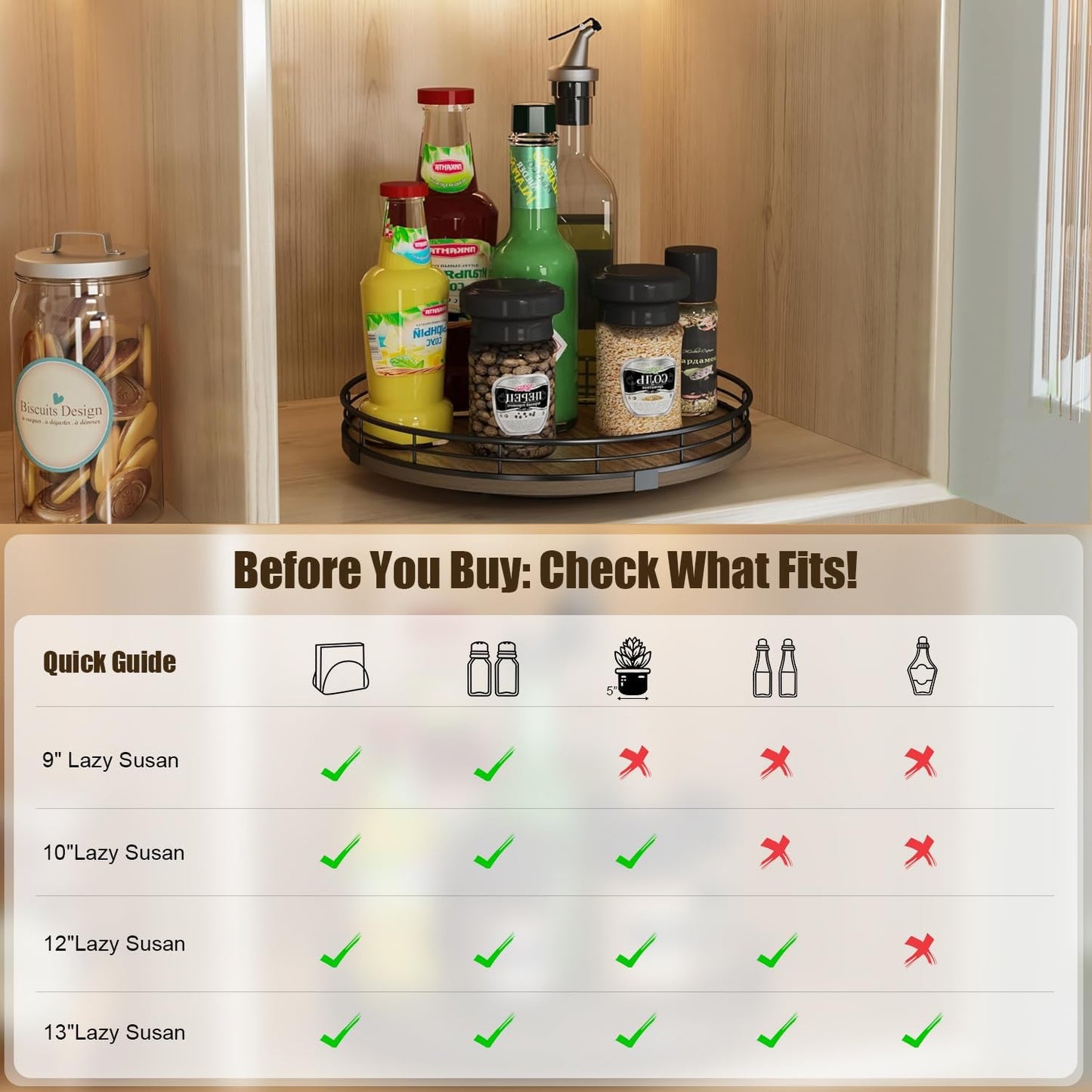 Lazy Susan Turntable Organizer for Table Top, 12’’ Round Wooden Lazy Susan for Cabinet Kitchen Countertop Pantry Dining Coffee Table for Condiments Spices, Rustic Bathroom Vanity Tray for Soap Candle