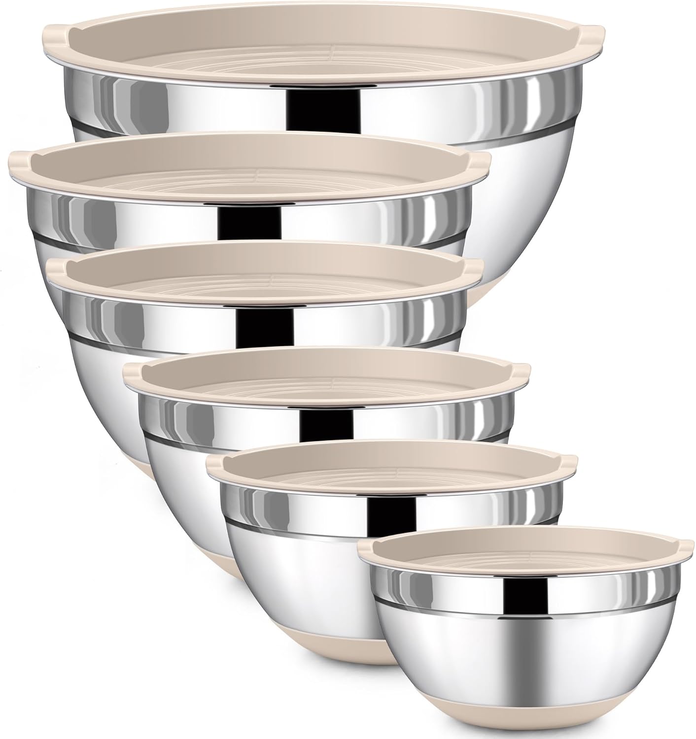 LIANYU Stainless Steel Mixing Bowls Set with Airtight Lids, 6 Piece Nesting Metal Bowls for Kitchen Baking Cooking Serving Food Storage, Size 7, 3.5, 2.5, 2, 1.5, 1QT, Non-slip Bottom, Khaki