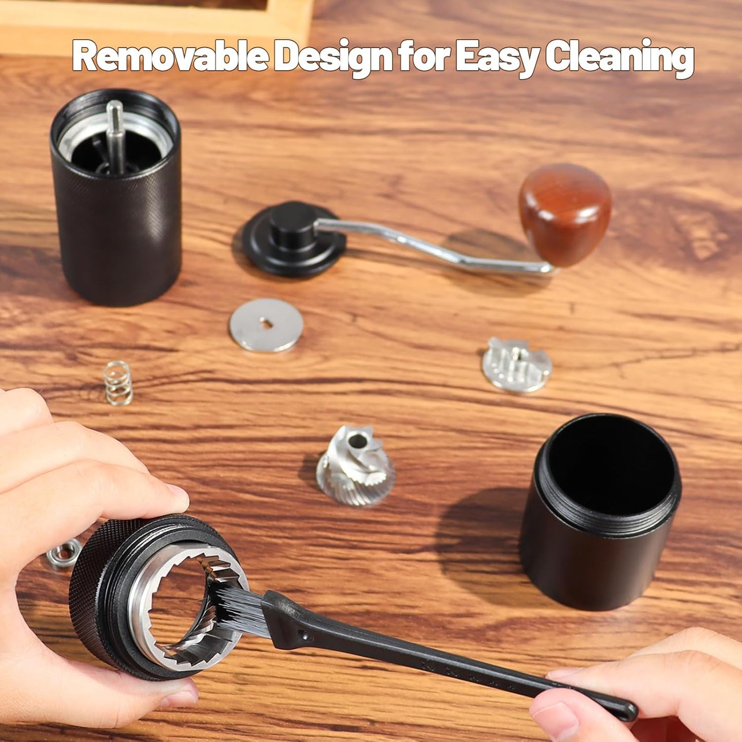 Manual Coffee Grinder Detachable Stainless Steel Conical Burr Aluminum Coffee Bean Grinder with 25 Grinding Settings Cleaning Brush Grindable Espresso Moka Pot French Press for Camping Black