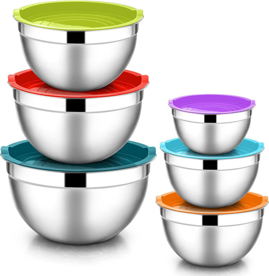 E-far Mixing Bowls with Lids, 12-Piece Stainless Steel Salad Bowls Metal Nesting Bowls for Baking Cooking and Prepping, Airtight Lids & Stackable Design, Size 7, 4.5, 3, 1.5, 1.2, 0.7 QT (Colorful)