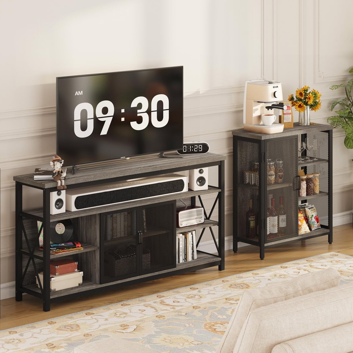 BON AUGURE Liquor Cabinet Bar for Home, Farmhouse Coffee Storage Cabinet for Kitchen, Small Wood Sideboard Buffet Station Cabinets with Door (Dark Grey Oak, 36")