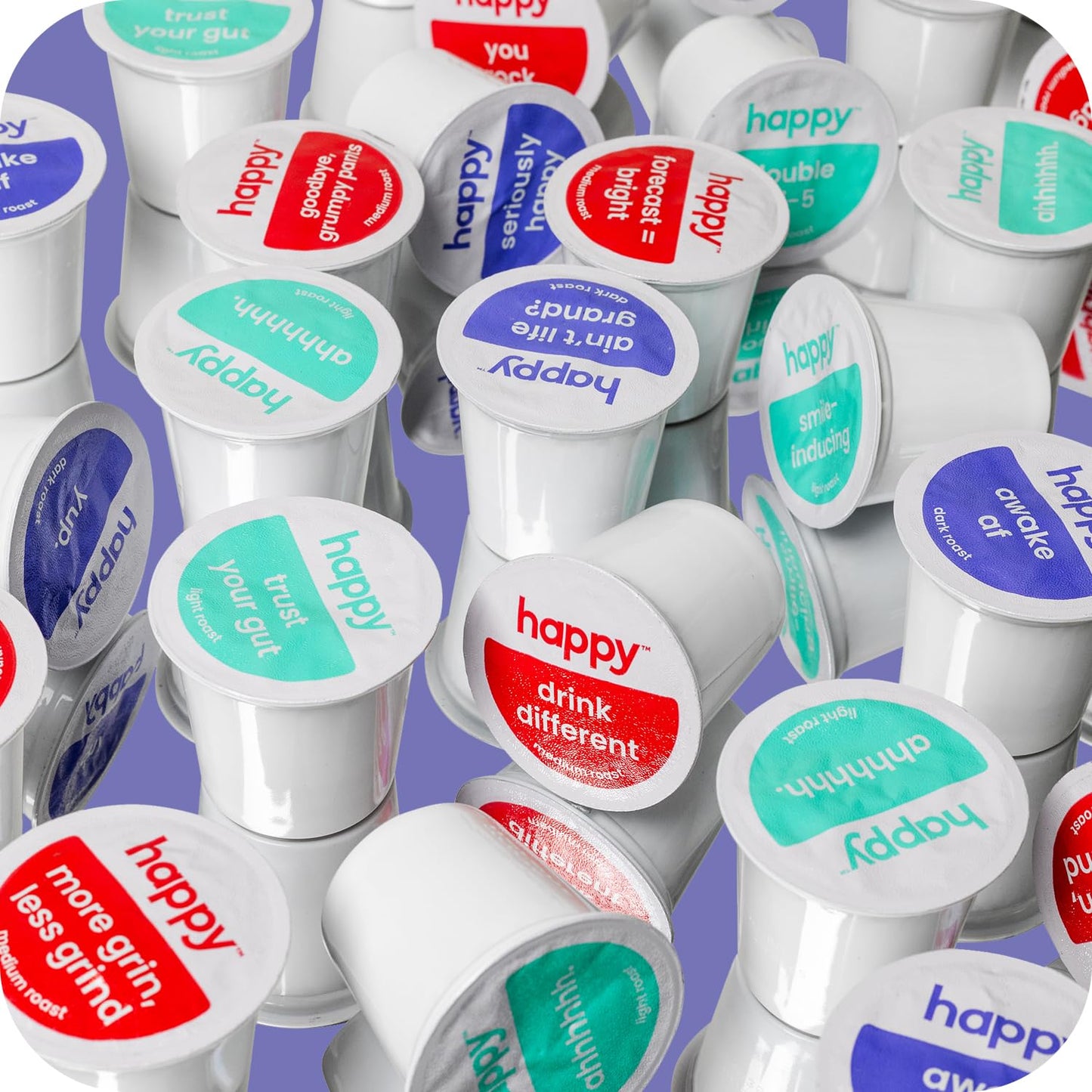 happy coffee dark roast coffee pods, 60 count, notes of cocoa & contentment, compatible with most K-cup brewers, rainforest alliance certified