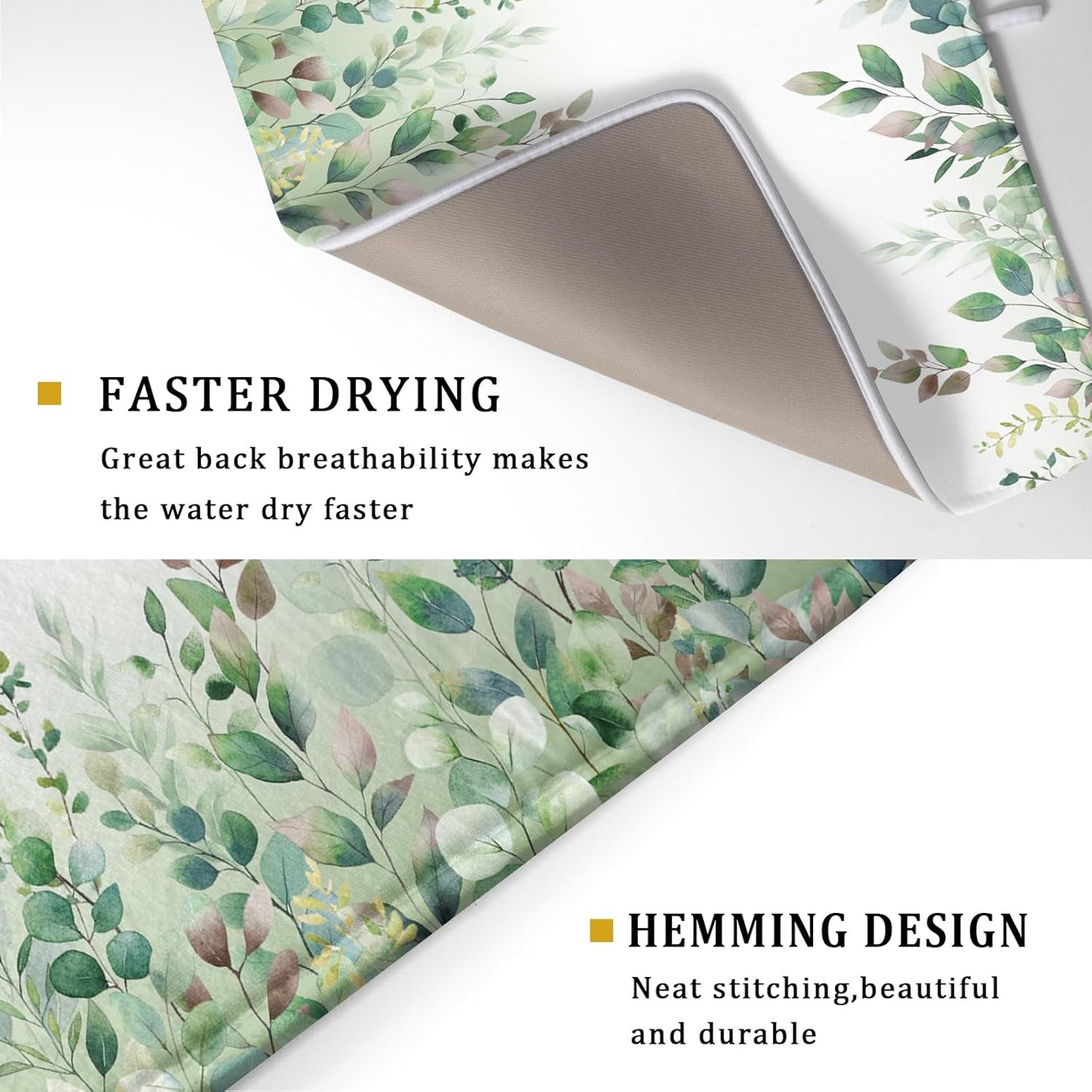 Giwawa Hummingbird Dish Drying Mat for Kitchen Countertop, Spring Summer Sage Green Eucalyptus Leaves Dish Drainer Mats, Herb Botanical Microfiber Dish Drying Pad Home Decor, 18"x24", Large