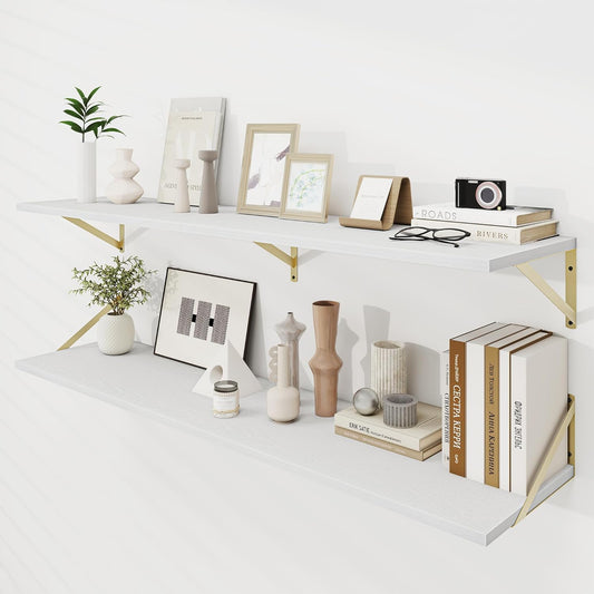 Floating Shelves for Wall, 12 Inch Deep Floating Shelves Set of 2, 55W x 12D Large Wall Shelf with Sturdy Metal Brackets for Living Room, Bathroom, Bedroom and Kitchen, White with Gold Bracket