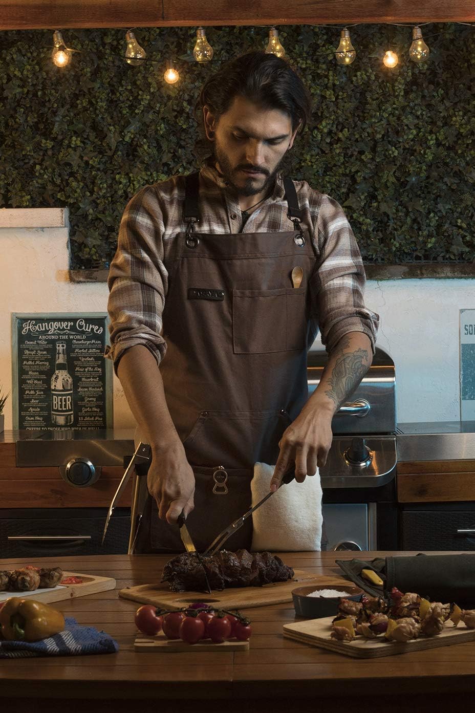 Asaya Chef and BBQ Apron with Bottle Opener and Hand Towel - 10oz Cotton Canvas, Stainless Steel Hardware - Cross Back Straps